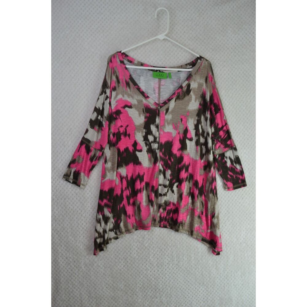 Logo Lori Goldstein Women's Medium Pink Shark Bite 3/4 Dolman Sleeve Tunic Top